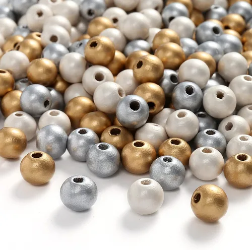 Vista 3 de ToBeIT Cuentas de madera, 300 cuentas de madera redondas de tres colores doradas, plateadas, blancas para manualidades, fabricación de joyas