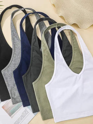 Vista 6 de Geyoga 6 piezas de camisetas halter para mujer, cuello en V, sin espalda, sin mangas, chaleco sin mangas para niñas
