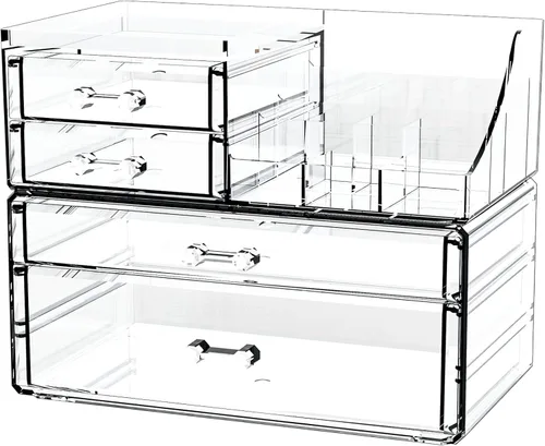 Vista 10 de Organizador de maquillaje pequeño de acrílico con cajones, organizador de cuidado de la piel transparente para tocador, cómoda, encimera de baño