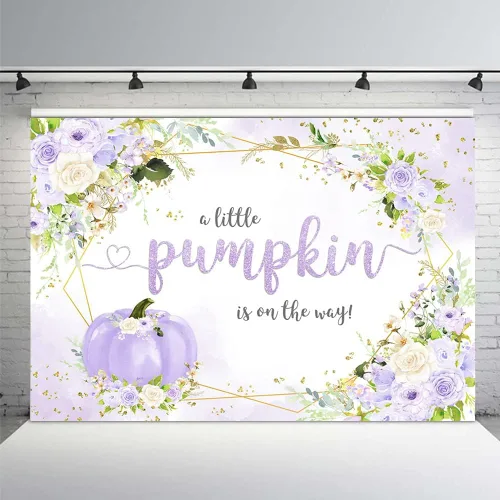 Vista 7 de MEHOFOND Telón de fondo de calabaza de otoño de 7 x 5 pies para niño, baby shower, decoración de fiesta de bebé azul floral para bebé, niño