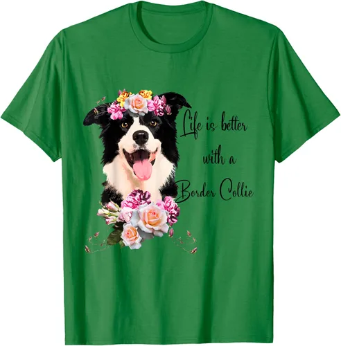 Vista 5 de Life is Better With a Border Collie - Camiseta de perro lindo con flores, gris, S Gris Oscuro