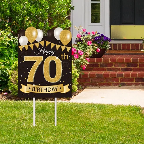 Vista 9 de Letrero grande de patio para fiesta de feliz cumpleaños número 13, negro dorado, letreros de patio de cumpleaños 13 con estacas y decoraciones