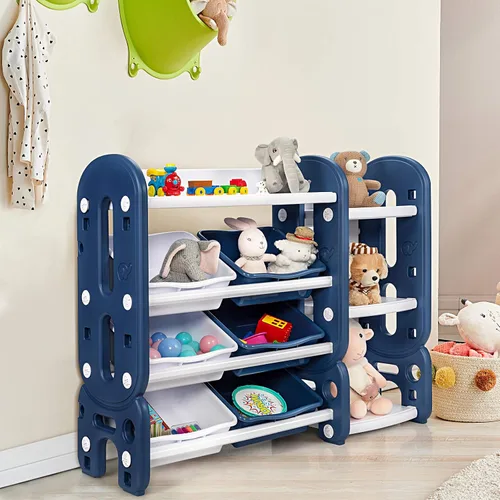 Vista 9 de HONEY JOY Organizador de almacenamiento de juguetes para niños de 4 niveles con 6 contenedores, unidad de almacenamiento de juguetes 2 en 1