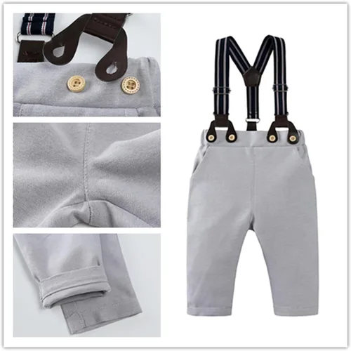 Vista 7 de TAOJIAN Conjunto de traje de caballero para niños pequeños, mameluco con botones para recién nacido+pantalones con tirantes desmontables+pajarita +