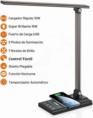 Vista 2 de AFROG - Lámpara de escritorio LED multifuncional de 5ª generación con cargador inalámbrico de carga rápida de 10 W, puerto de carga USB, 1800 lux