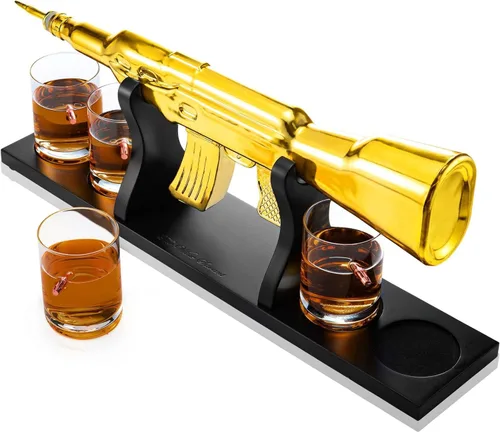 Vista 5 de Juego de decantador de whisky AK Gold con 4 vasos de whisky bala - The Wine Savant, regalo para padres, tíos, hijos - Regalos para veteranos, regalo