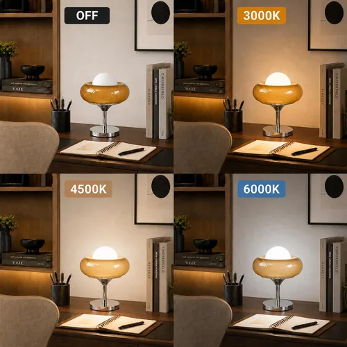 Vista 6 de Lámpara de mesa de cristal naranja quemado con huevo de tarta de huevo, luz de escritorio cromada con pantalla de globo, accesorio de iluminación
