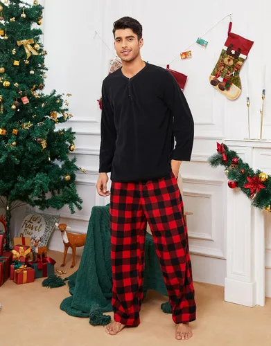 Vista 3 de U2SKIIN Pantalones de pijama de forro polar para hombre, pantalones de Buffalo Plaid-rojo