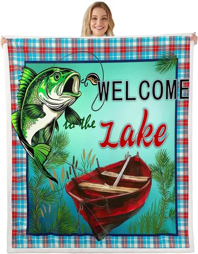 Vista 37 de Manta de vellón de Lake House, dibujada a mano con paisajes de lago y montaña para niños, niñas, niños y adultos, decoración de habitación rústica