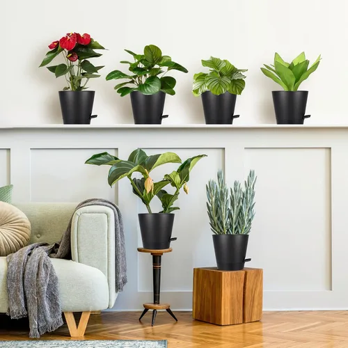 Vista 2 de Macetas de riego automático de 8 pulgadas para interiores, paquete de 6 macetas de plástico con agujeros de drenaje, color negro