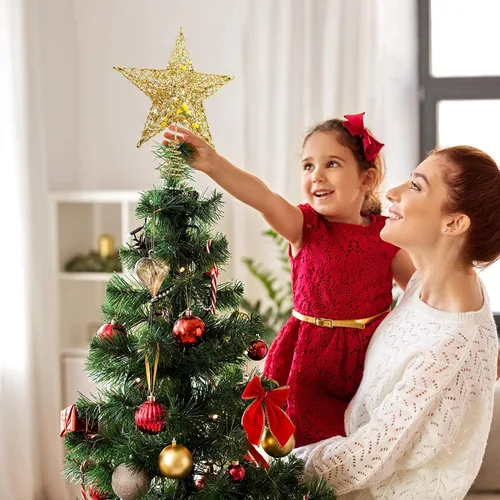Vista 7 de URATOT Adorno Superior de Árbol de Navidad con Purpurina de Metal, Estrella de Alambre Hueca para la Punta del Árbol de Navidad para Decoración