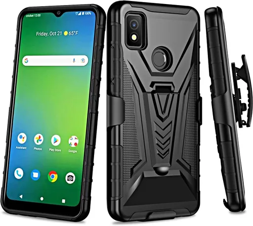 Vista 4 de Funda para Cricket Icon 4 con clip para cinturón de funda híbrida a prueba de golpes con soporte y pantalla de vidrio templado (negro)