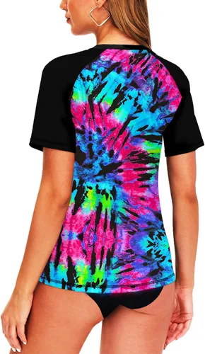 Vista 7 de AOBUTE Women Short Sleeve Rash Guard Gradient Sun Protection Swim Shirts