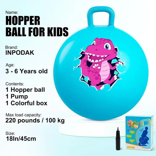 Vista 2 de Pelota saltarina Inpodak de 18 pulgadas con asas para niños, juguete de salto y rebote Hippity Hop para niños de 3 a 6 años, incluye bomba y caja