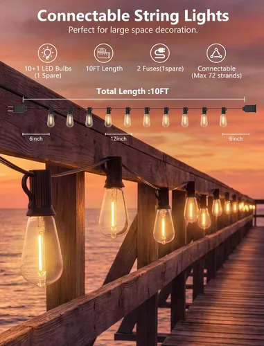 Vista 2 de Guirnalda de luces para exteriores de 10 pies, 10 luces LED Edison ST40 para patio Bombillas inastillables, IP65 impermeables, regulables, 2700 K