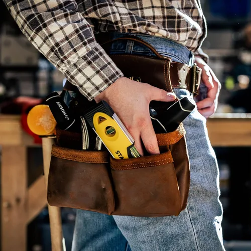 Vista 6 de Trailside - Cinturón de herramientas de cuero genuino para hombres, bolsa para martillos, carpinteros, electricistas, techos, construcción, súper