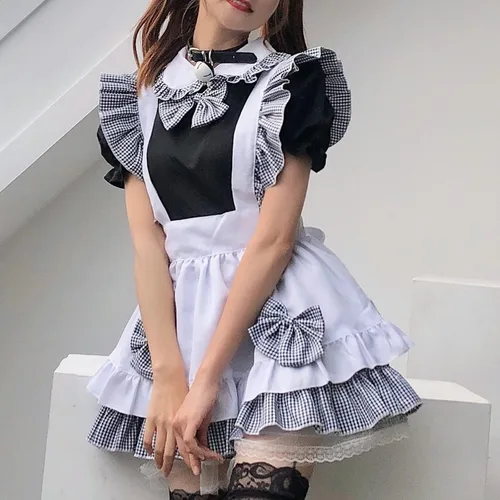 Vista 6 de Delantal de sirvienta francesa de anime Lolita, vestido de cosplay, lindo vestido de sirvienta, lencería sexy para mujer, juego sexual travieso