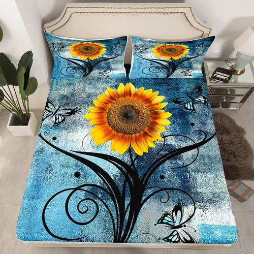 Vista 21 de Erosebridal Juego de ropa de cama rústica de tamaño individual, diseño de mariposa y girasol, para niños, adolescentes, adultos, retro, grunge