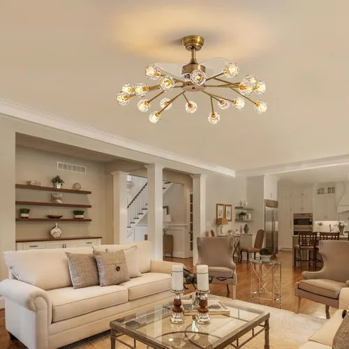 Vista 6 de Siljoy - Ventilador de techo de cristal moderno con 18 luces y control remoto, candelabro de cristal estilo Sputnik en latón dorado estilo granja