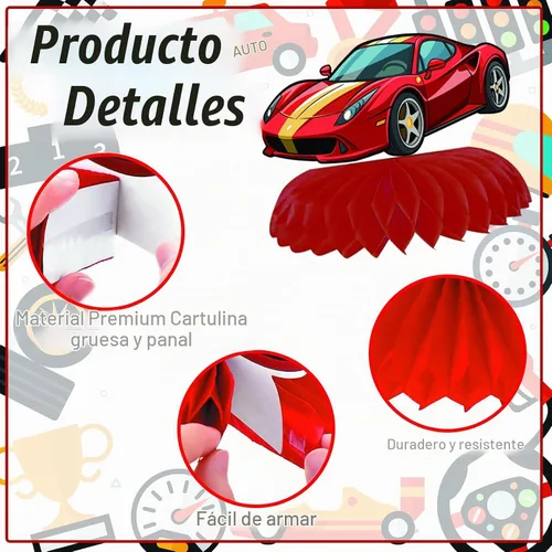 Vista 3 de 8 piezas de decoración de fiesta de coche de carreras, centro de mesa de papel de panal de abeja, centros de mesa Let's Go Racing de doble cara 3D