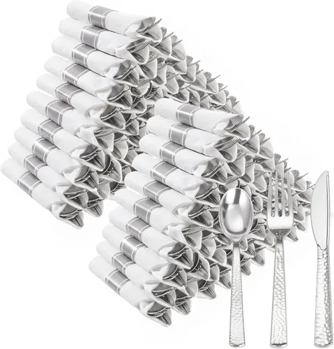 Vista 16 de Goodluck 100 Pack Pre Rolled Gold Plastic Silverware, Wrapped Cutlery