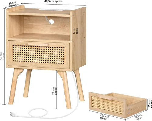 Vista 2 de Lerliuo Rattan Nightstand with Charging Station, Boho Night Stand Natural