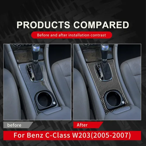 Vista 4 de Fibra de carbono, para accesorios Benz, caja de cambios de consola central, cubierta de panel compatible con Mercedes Benz Clase C W203 2005 2006