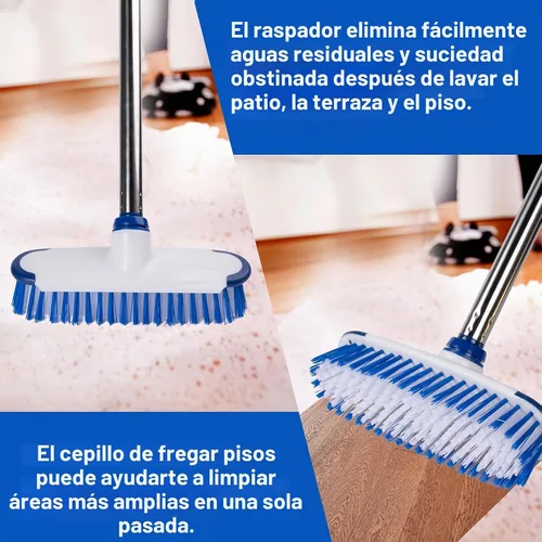Vista 5 de Cepillo de limpieza de suelo con mango largo, cepillo 2 en 1, escoba de cerdas rígidas y cepillo de limpieza para suelos de azulejos, terraza