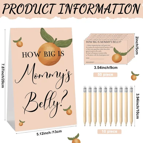 Vista 9 de Sabary 64 Piezas Juegos de Baby Shower Incluyen Letrero How Big is Mommy's Belly Sign Measure Bump Game 50 Tarjetas 10 Lápices 3 Cintas Métricas