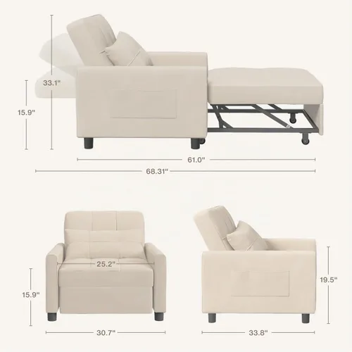 Vista 3 de Aiho - Sofá cama convertible 3 en 1 con diseño ajustable, color beige Respaldo ajustable con cama extraíble, almohada y bolsillo de almacenamiento