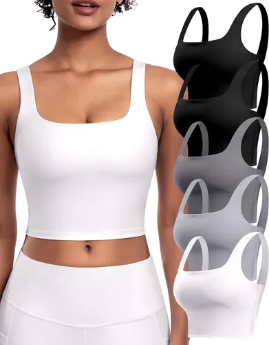 Vista 10 de Sujetadores deportivos para mujer, paquete de 5 unidades, cuello cuadrado, camiseta corta sin mangas acolchada para yoga con almohadillas integradas