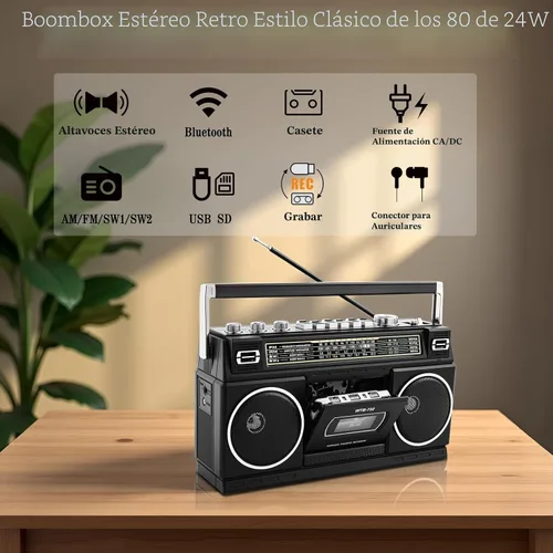 Vista 2 de Boombox portátil estilo retro clásico de los años 80 con reproductor grabador de casete, radio AM/FM/SW1/SW2, Bluetooth, ranuras USB/Micro SD
