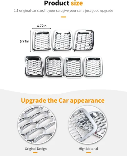 Vista 4 de Hoolcar 7 piezas de insertos de parrilla delantera con malla para accesorios exteriores Jeep Compass 2017-2020, cromo