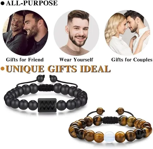 Vista 6 de Pulseras del zodiaco para hombres y mujeres, hechas a mano, ojo de tigre natural de 0.315in y piedra de ágata mate para hombre, pulseras