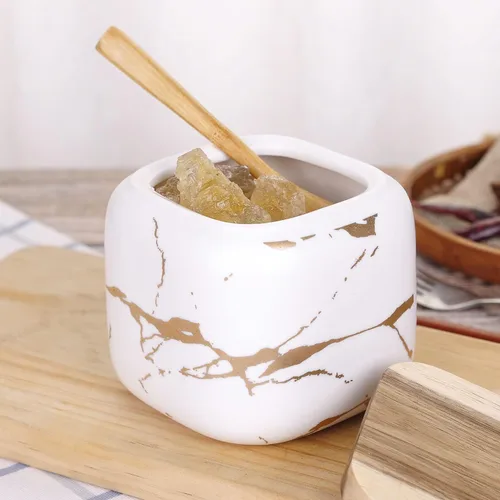 Vista 5 de VanEnjoy Recipientes de cerámica con patrón de mármol decorativo para azúcar y especias, tarro de porcelana con tapa y cuchara de bambú, recipiente