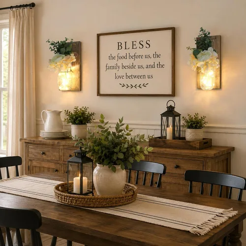 Vista 53 de Decoración rústica de madera para colgar en la pared con tira de luces LED para sala de estar y dormitorio modernos, estilo campestre inspirador