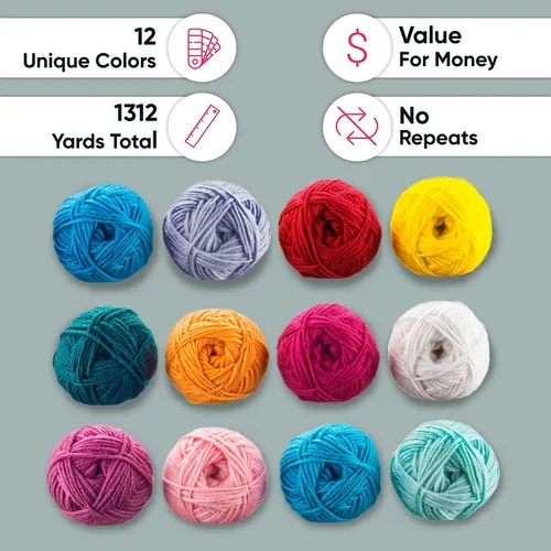 Vista 5 de CRAFTISS Mini madejas de hilo acrílico de 12 x 1.76 oz, 1300 yardas de hilo suave para proyectos de manualidades de ganchillo y tejer, surtido