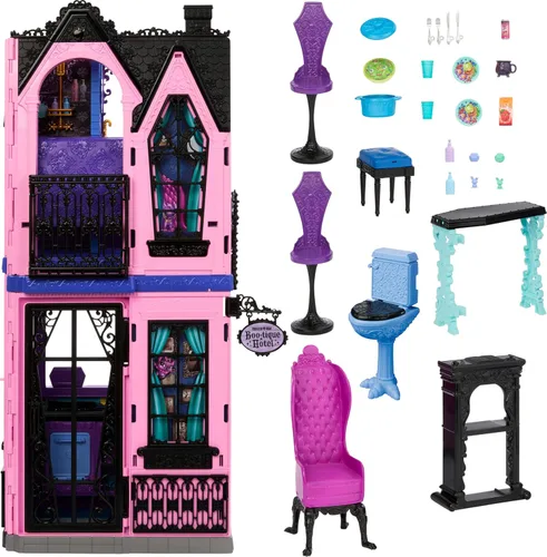 Vista 6 de Monster High Boo-tique Hotel Casa de Muñecas, juego plegable con sorpresas espeluznantes en cada habitación y más de 13 piezas, incluyendo muebles