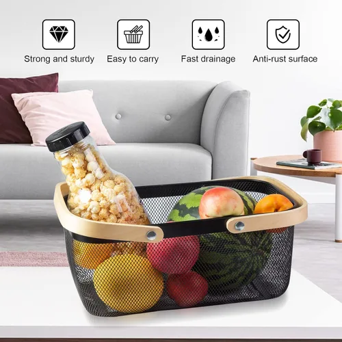 Vista 5 de Cesta portátil de cosecha de jardín, diseño de malla, cesta de almacenamiento de alambre con mango de bambú natural, cesta de malla con asa