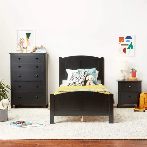 Vista 4 de Mesita de noche con acabado negro, 2 cajones, chapa de pino, madera MDF, 1 unidad, mesita de noche moderna
