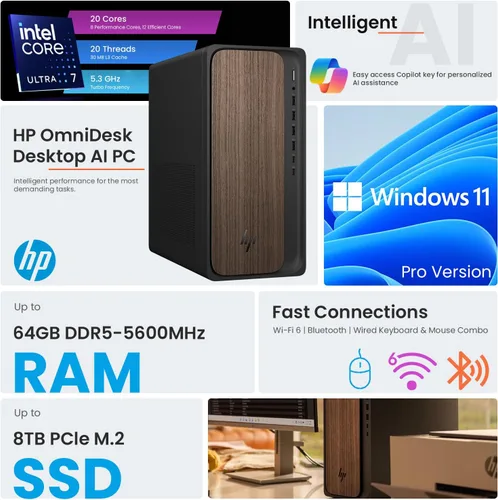 Vista 2 de HP OmniDesk (Envy Next Brand) M03 Premium Business Next Gen AI PC de escritorio, Intel Core Ultra 7 265, 64 GB DDR5 RAM, 1 TB SSD, W11P, USB-C