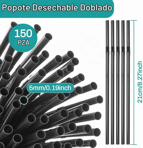 Vista 2 de 150 popotes desechables de plástico para beber, popotes flexibles, desechables, largos, coloridos, de plástico, a rayas, varios colores para uso
