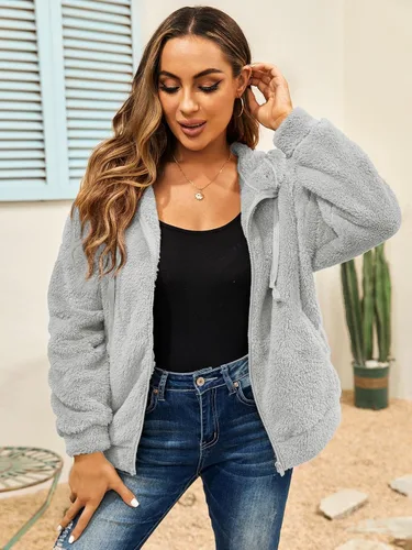 Vista 3 de GAMISOTE Chaqueta de forro polar mullido con cremallera para mujer, sudadera cálida de invierno de gran