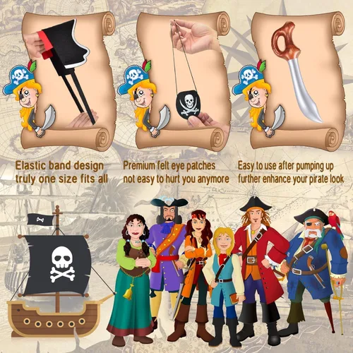 Vista 4 de Legigo Juego de 18 piezas divertidas de fiesta pirata, incluye 6 sombreros de pirata, 6 parches para ojos, 6 espadas inflables para fiesta pirata