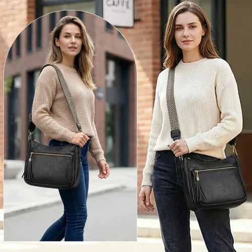 Vista 2 de Bolsos cruzados medianos para mujer, de cuero vegano, bolsos cruzados con múltiples bolsillos, bolsos de hombro con borla