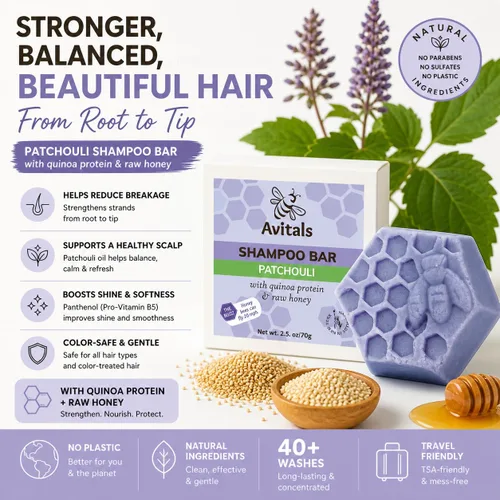 Vista 5 de Avital's Apiaries Barra de champú de pachulí para cabello seco y teñido sin sulfato sólido con proteína de quinua, pantenol y manteca de karité