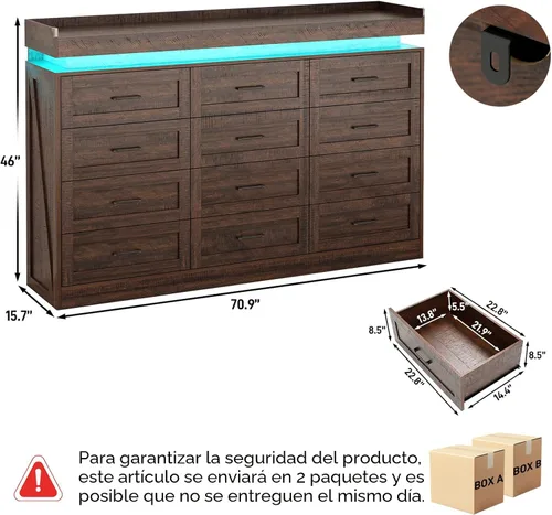 Vista 2 de Cómoda grande de 180 cm de ancho por 117 cm de alto con 12 cajones estilo granja para dormitorio con luz LED y tomas de corriente, cómoda de madera