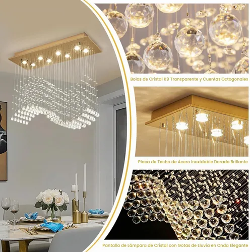 Vista 8 de Siljoy Candelabro de Cristal Rectangular Dorado para Comedor, 31.5'' Candelabro de Cristal Moderno con Gotas de Lluvia Onduladas, Lámpara Colgante