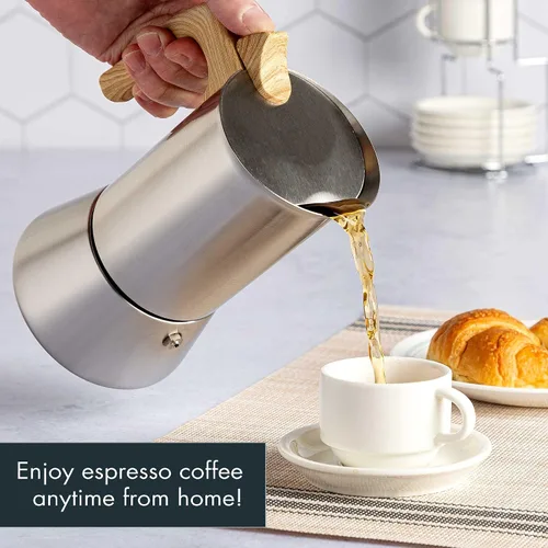 Vista 6 de Primula Cafetera y cafetera de acero inoxidable de alta calidad, olla moka para café clásico italiano, 6 tazas, mango de aspecto de madera