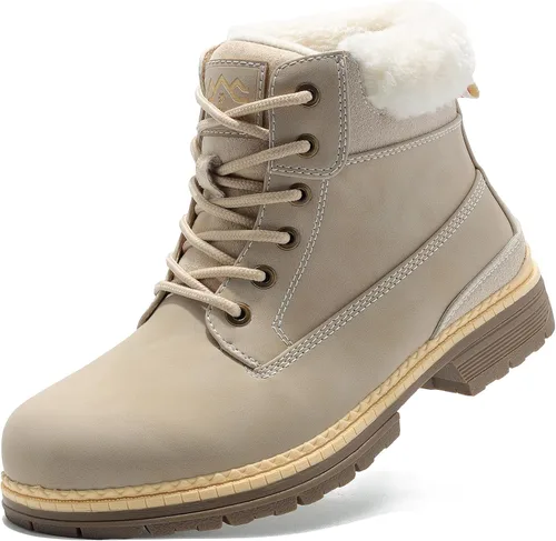 Vista 14 de Botas de invierno para senderismo en la nieve para mujer, botas de trabajo de combate marrones casuales, botas de tobillo antideslizantes con forro